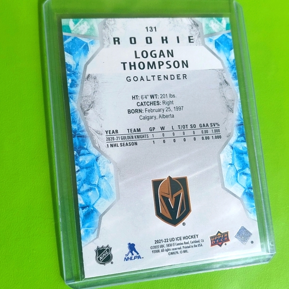 Logan Thompson SP Authentic Green Parallel RC Card #131 NHL Vegas Golden Knights - Picture 2 of 2